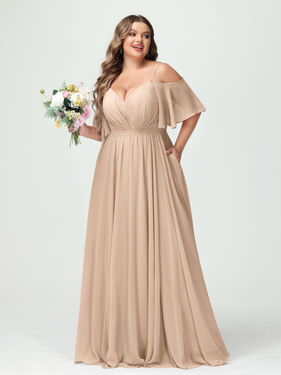 A-Line/Princess Spaghetti Straps Half Sleeves Chiffon Plus Size Bridesmaid Dresses with Pockets Peach Pink