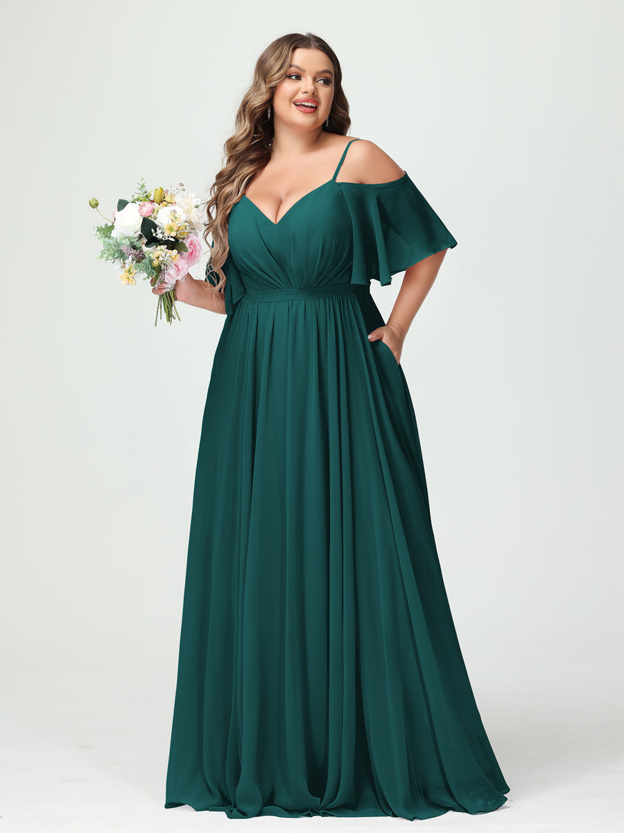 A-Line/Princess Spaghetti Straps Half Sleeves Chiffon Plus Size Bridesmaid Dresses with Pockets Peacock