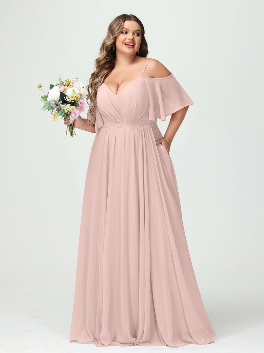 A-Line/Princess Spaghetti Straps Half Sleeves Chiffon Plus Size Bridesmaid Dresses with Pockets Pearl Pink