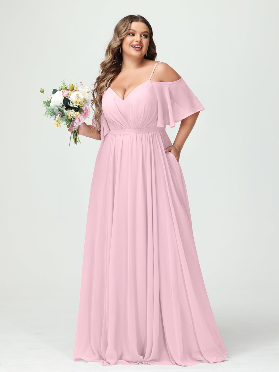 A-Line/Princess Spaghetti Straps Half Sleeves Chiffon Plus Size Bridesmaid Dresses with Pockets Pink