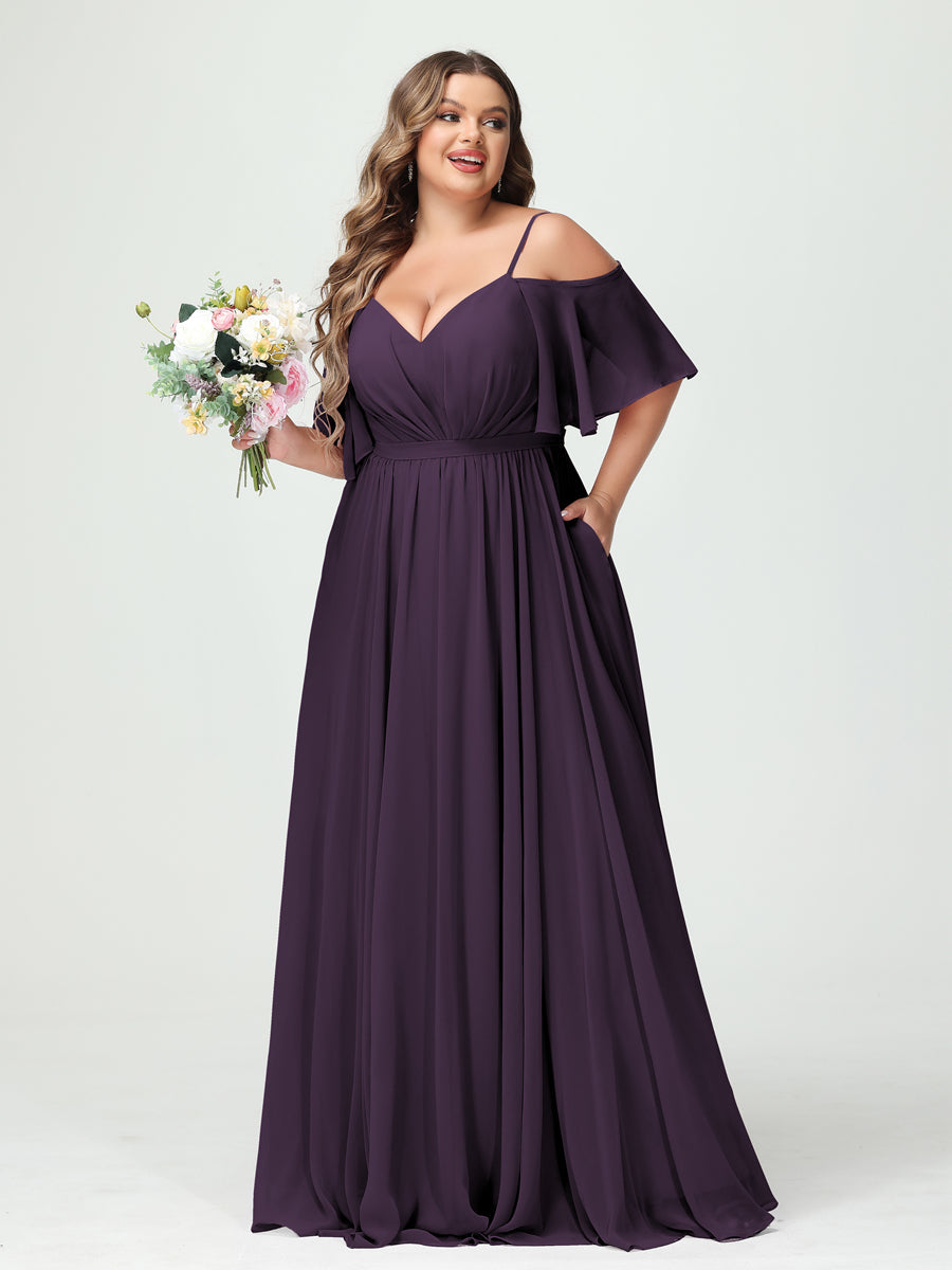 A-Line/Princess Spaghetti Straps Half Sleeves Chiffon Plus Size Bridesmaid Dresses with Pockets Plum