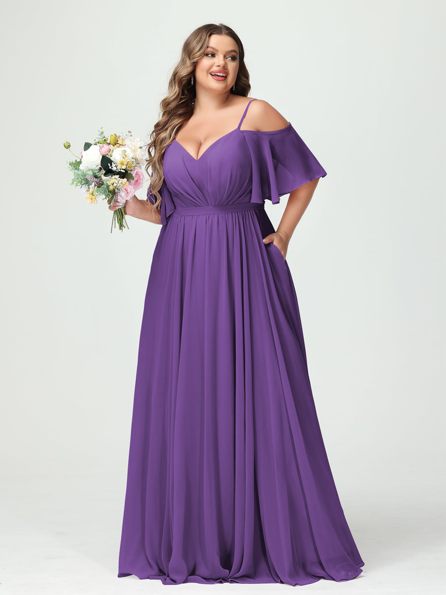 A-Line/Princess Spaghetti Straps Half Sleeves Chiffon Plus Size Bridesmaid Dresses with Pockets Purple
