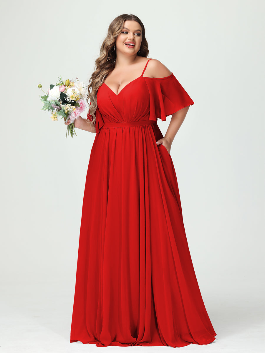 A-Line/Princess Spaghetti Straps Half Sleeves Chiffon Plus Size Bridesmaid Dresses with Pockets Red