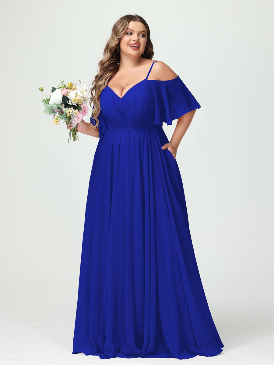 A-Line/Princess Spaghetti Straps Half Sleeves Chiffon Plus Size Bridesmaid Dresses with Pockets Royal Blue