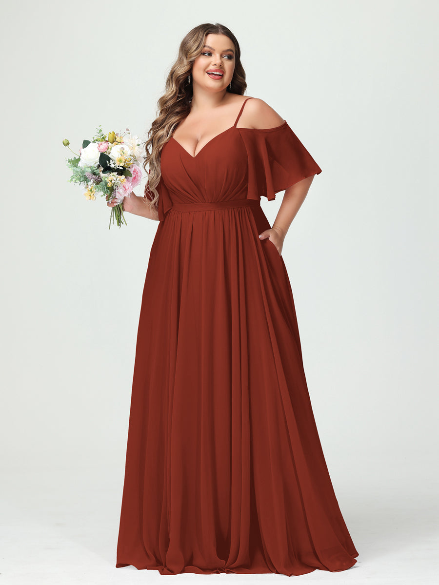 A-Line/Princess Spaghetti Straps Half Sleeves Chiffon Plus Size Bridesmaid Dresses with Pockets Rust