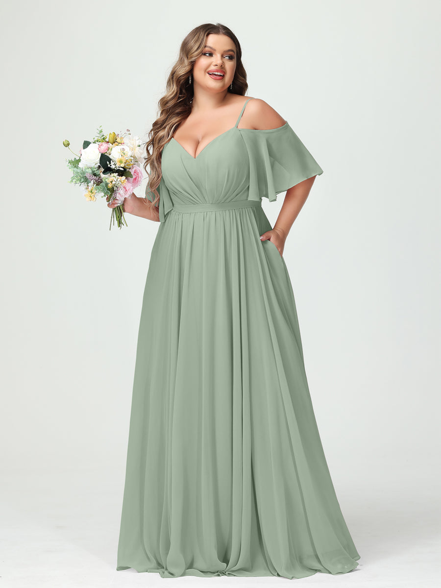 A-Line/Princess Spaghetti Straps Half Sleeves Chiffon Plus Size Bridesmaid Dresses with Pockets Sage