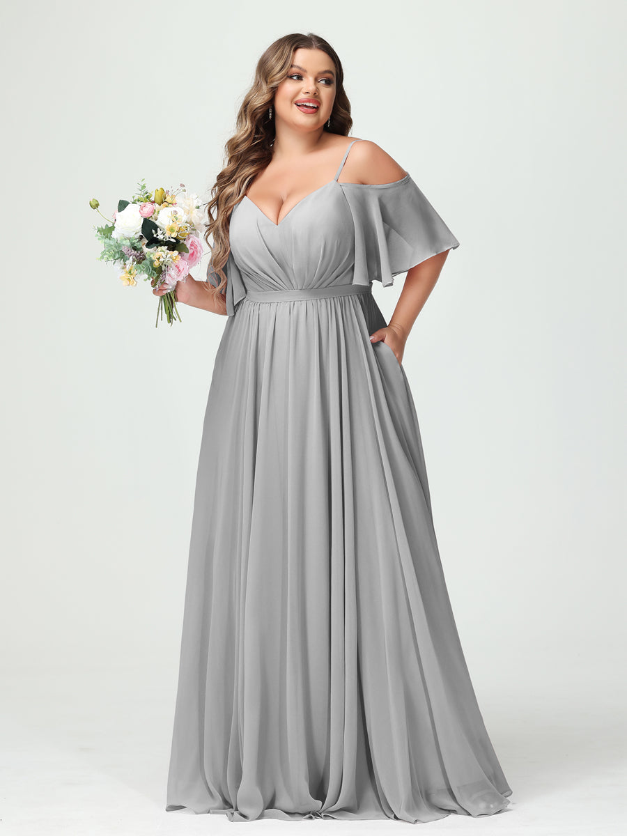 A-Line/Princess Spaghetti Straps Half Sleeves Chiffon Plus Size Bridesmaid Dresses with Pockets Silver