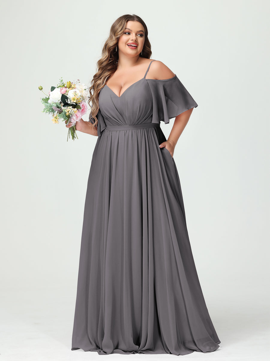 A-Line/Princess Spaghetti Straps Half Sleeves Chiffon Plus Size Bridesmaid Dresses with Pockets Silver Gray