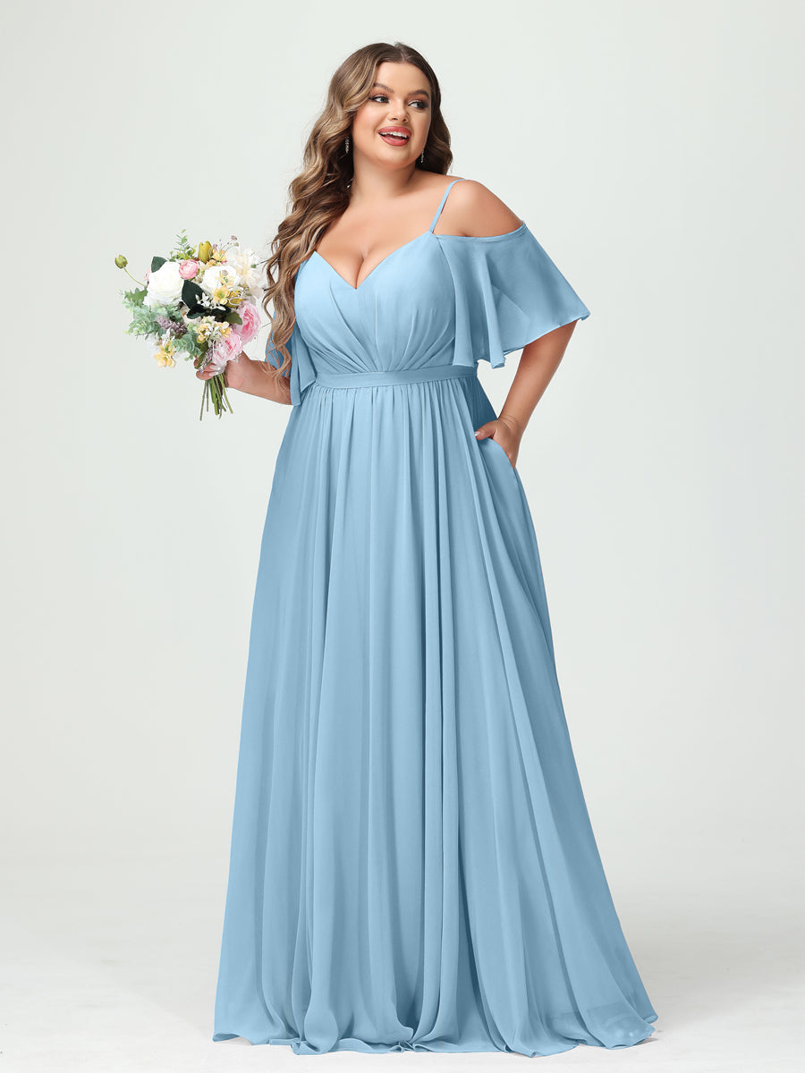 A-Line/Princess Spaghetti Straps Half Sleeves Chiffon Plus Size Bridesmaid Dresses with Pockets Sky Blue
