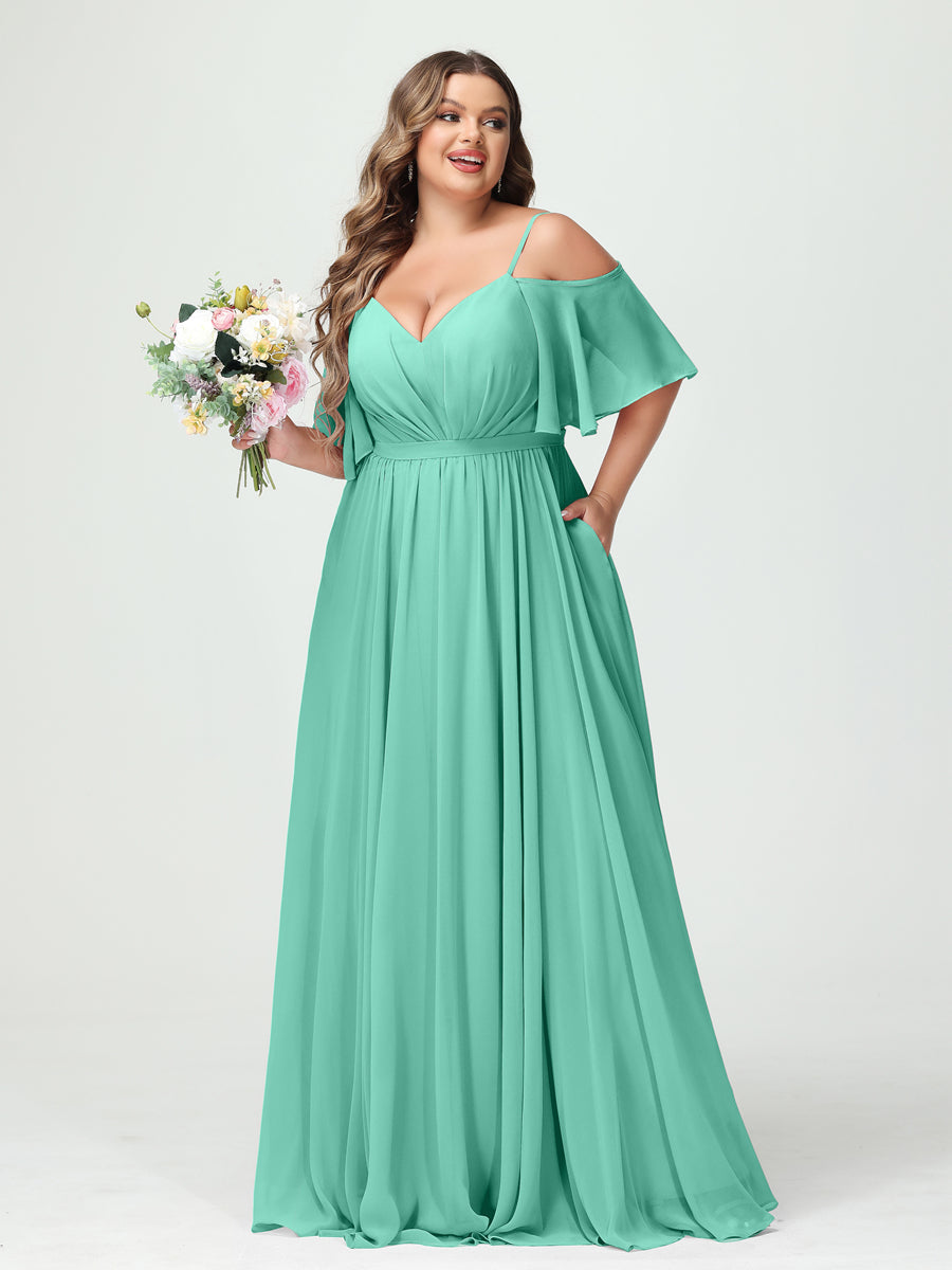 A-Line/Princess Spaghetti Straps Half Sleeves Chiffon Plus Size Bridesmaid Dresses with Pockets Spa