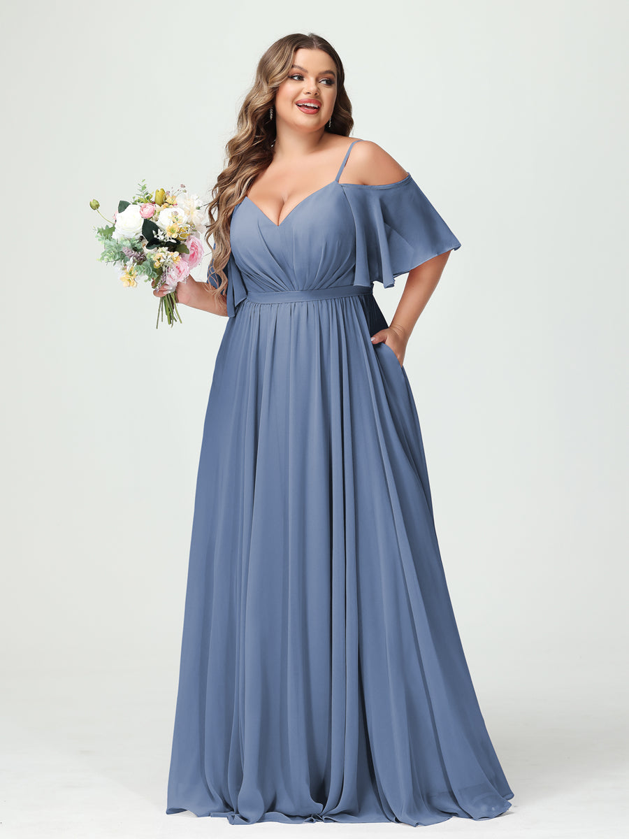 A-Line/Princess Spaghetti Straps Half Sleeves Chiffon Plus Size Bridesmaid Dresses with Pockets Steel Blue