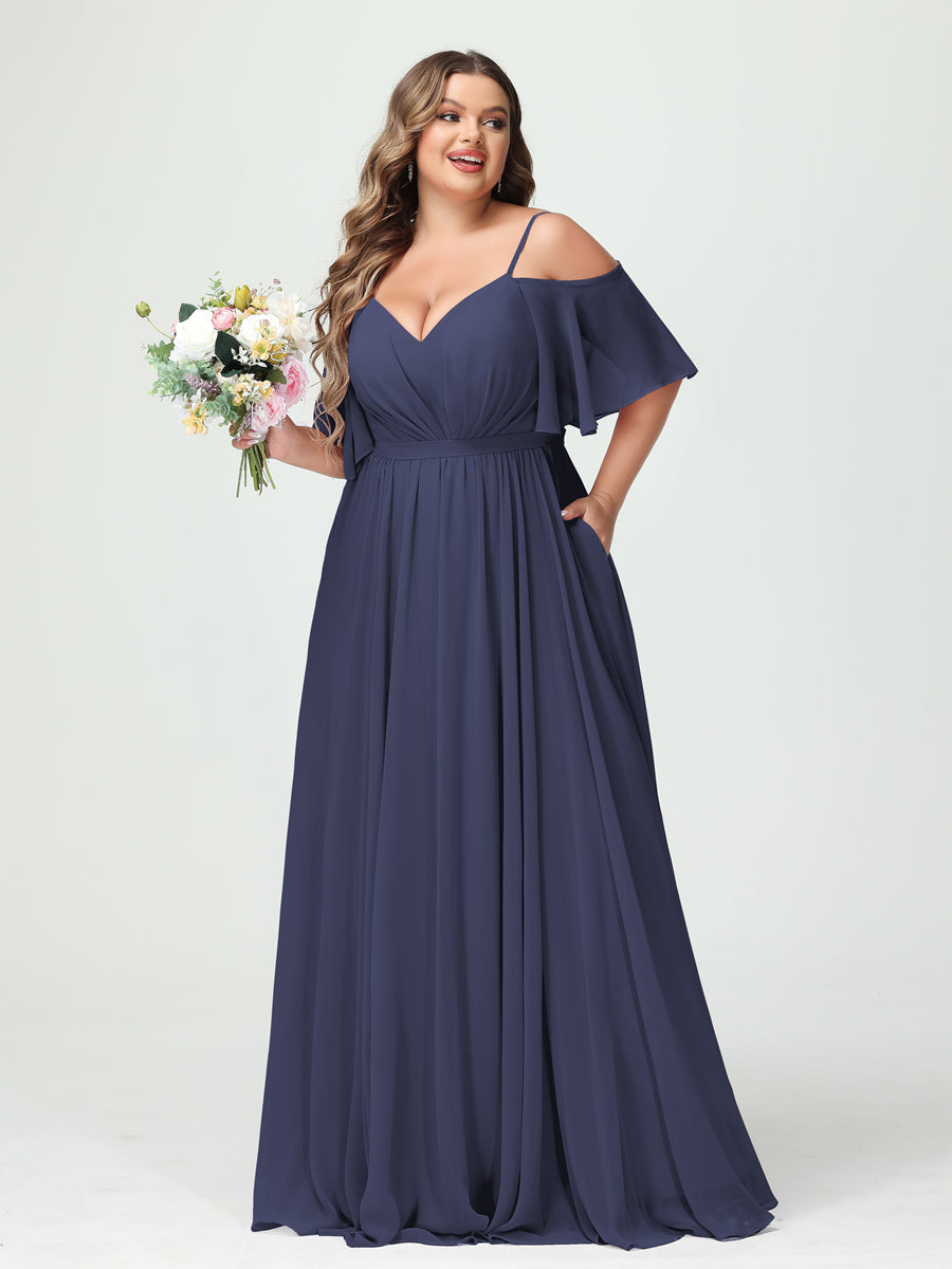 A-Line/Princess Spaghetti Straps Half Sleeves Chiffon Plus Size Bridesmaid Dresses with Pockets Stormy Blue