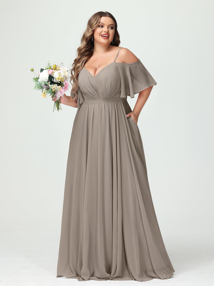 A-Line/Princess Spaghetti Straps Half Sleeves Chiffon Plus Size Bridesmaid Dresses with Pockets Taupe