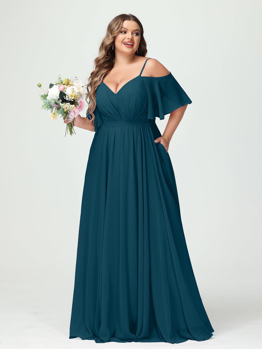 A-Line/Princess Spaghetti Straps Half Sleeves Chiffon Plus Size Bridesmaid Dresses with Pockets Teal