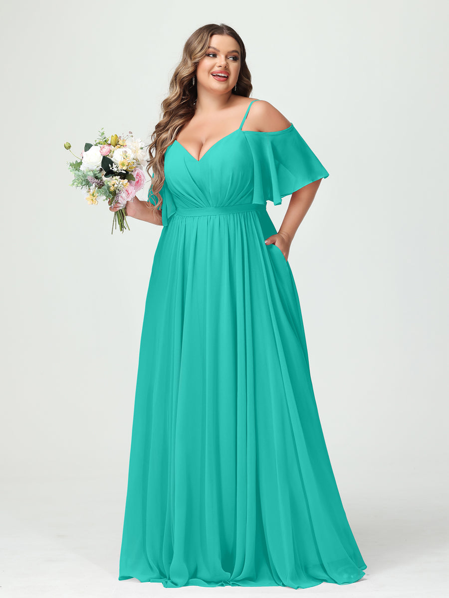 A-Line/Princess Spaghetti Straps Half Sleeves Chiffon Plus Size Bridesmaid Dresses with Pockets Turquoise
