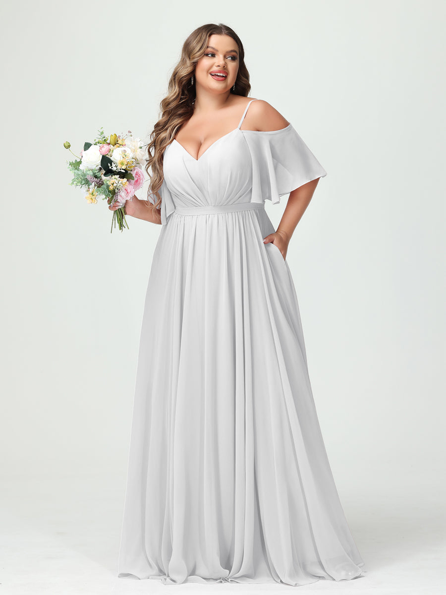 A-Line/Princess Spaghetti Straps Half Sleeves Chiffon Plus Size Bridesmaid Dresses with Pockets White