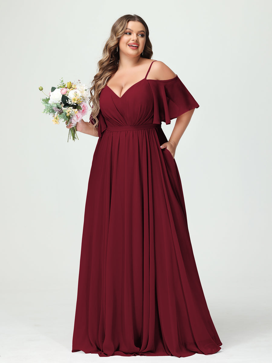 A-Line/Princess Spaghetti Straps Half Sleeves Chiffon Plus Size Bridesmaid Dresses with Pockets Wine Red