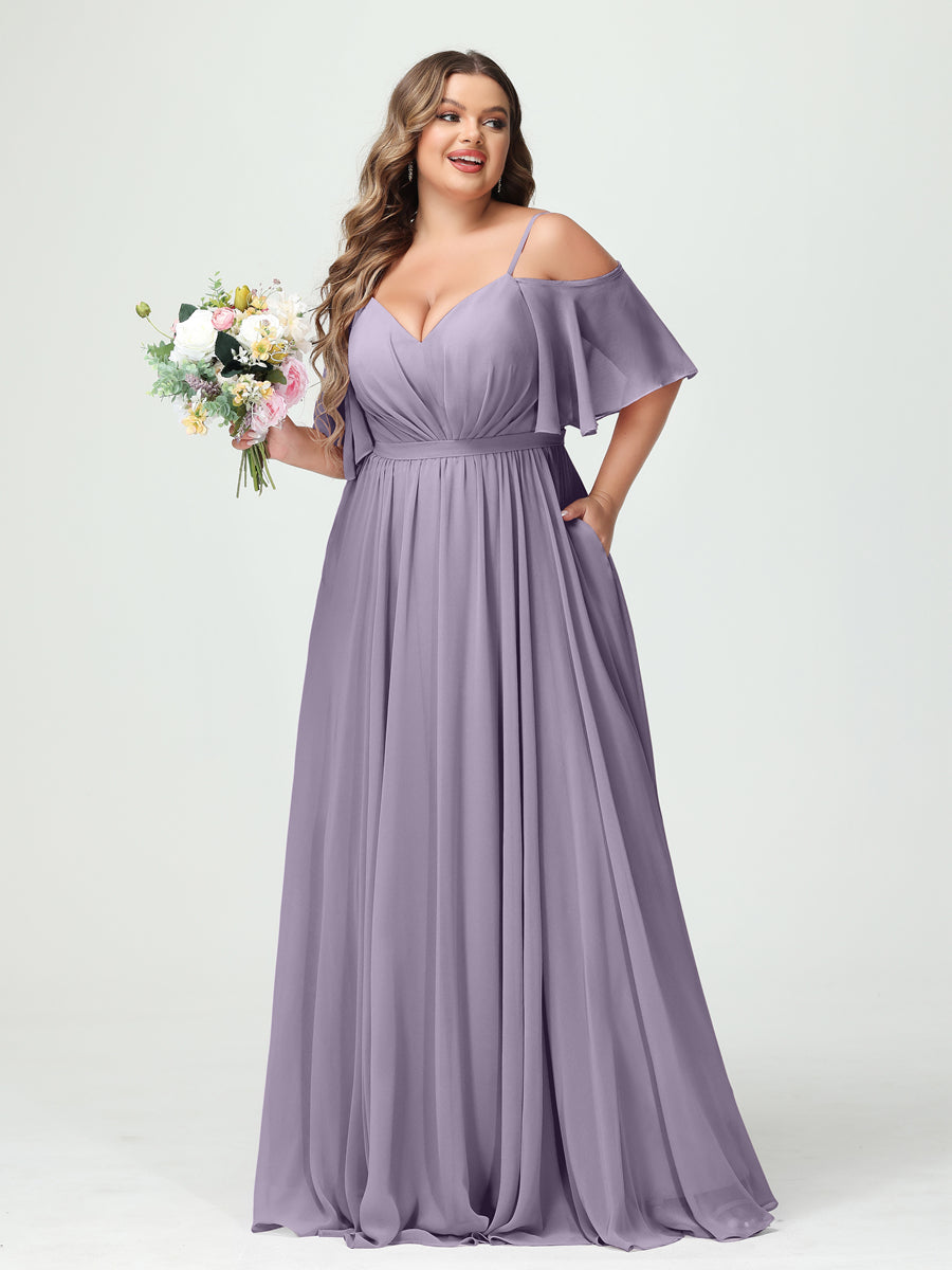 A-Line/Princess Spaghetti Straps Half Sleeves Chiffon Plus Size Bridesmaid Dresses with Pockets Wisteria