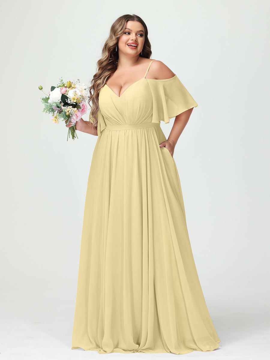 A-Line/Princess Spaghetti Straps Half Sleeves Chiffon Plus Size Bridesmaid Dresses with Pockets Yellow