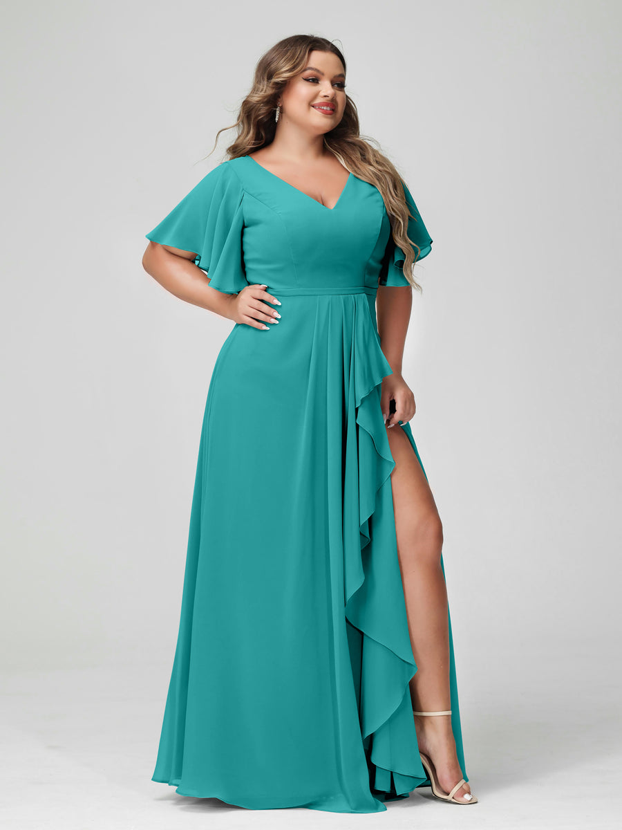 A-Line/Princess V-Neck Half Sleeves Chiffon Ruffles Plus Size Bridesmaid Dresses with Split Side Aqua Blue