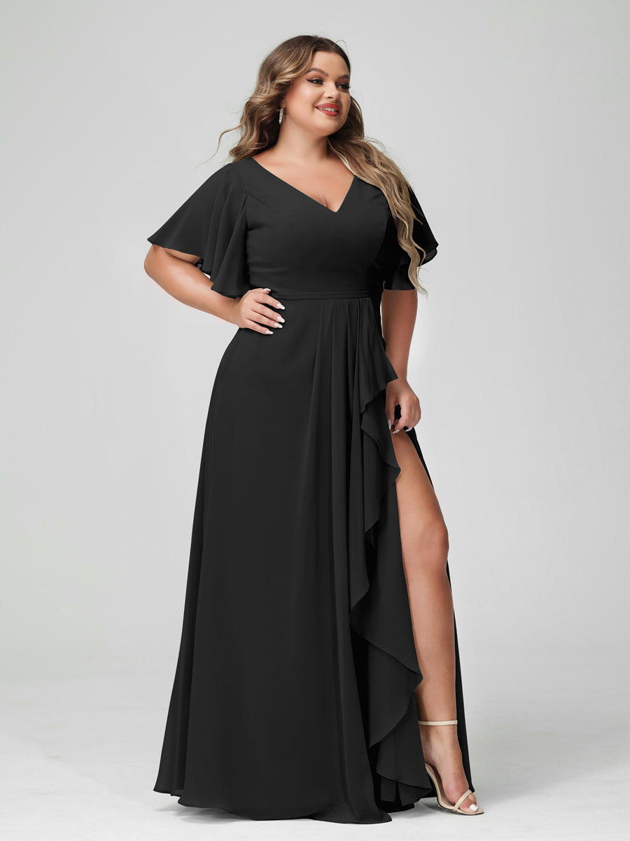 A-Line/Princess V-Neck Half Sleeves Chiffon Ruffles Plus Size Bridesmaid Dresses with Split Side Black