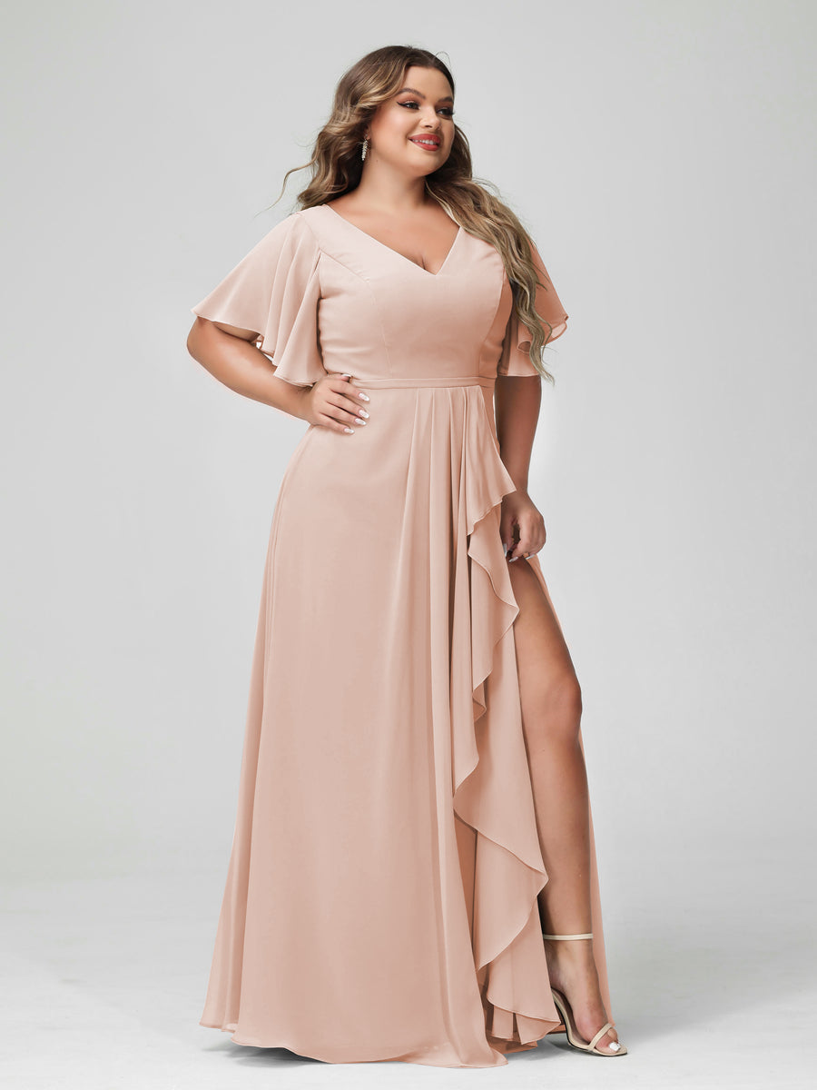 A-Line/Princess V-Neck Half Sleeves Chiffon Ruffles Plus Size Bridesmaid Dresses with Split Side Blush Pink