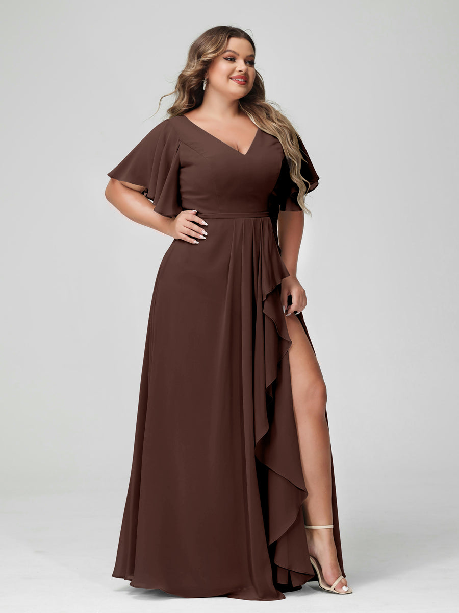 A-Line/Princess V-Neck Half Sleeves Chiffon Ruffles Plus Size Bridesmaid Dresses with Split Side Brown