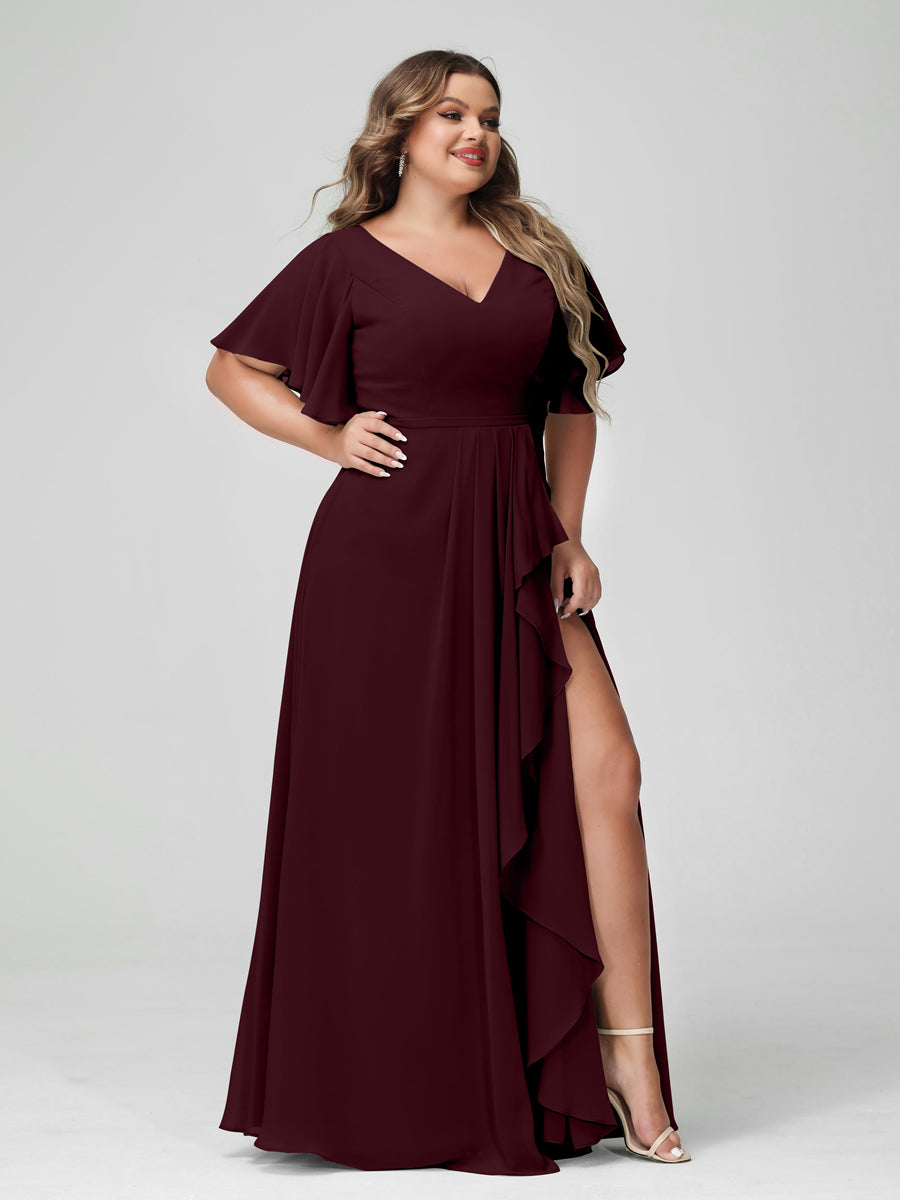 A-Line/Princess V-Neck Half Sleeves Chiffon Ruffles Plus Size Bridesmaid Dresses with Split Side Burgundy