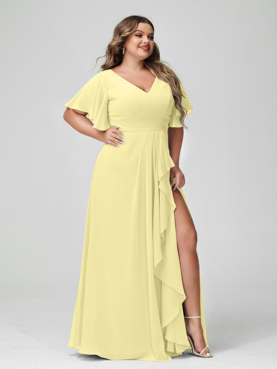 A-Line/Princess V-Neck Half Sleeves Chiffon Ruffles Plus Size Bridesmaid Dresses with Split Side Canary
