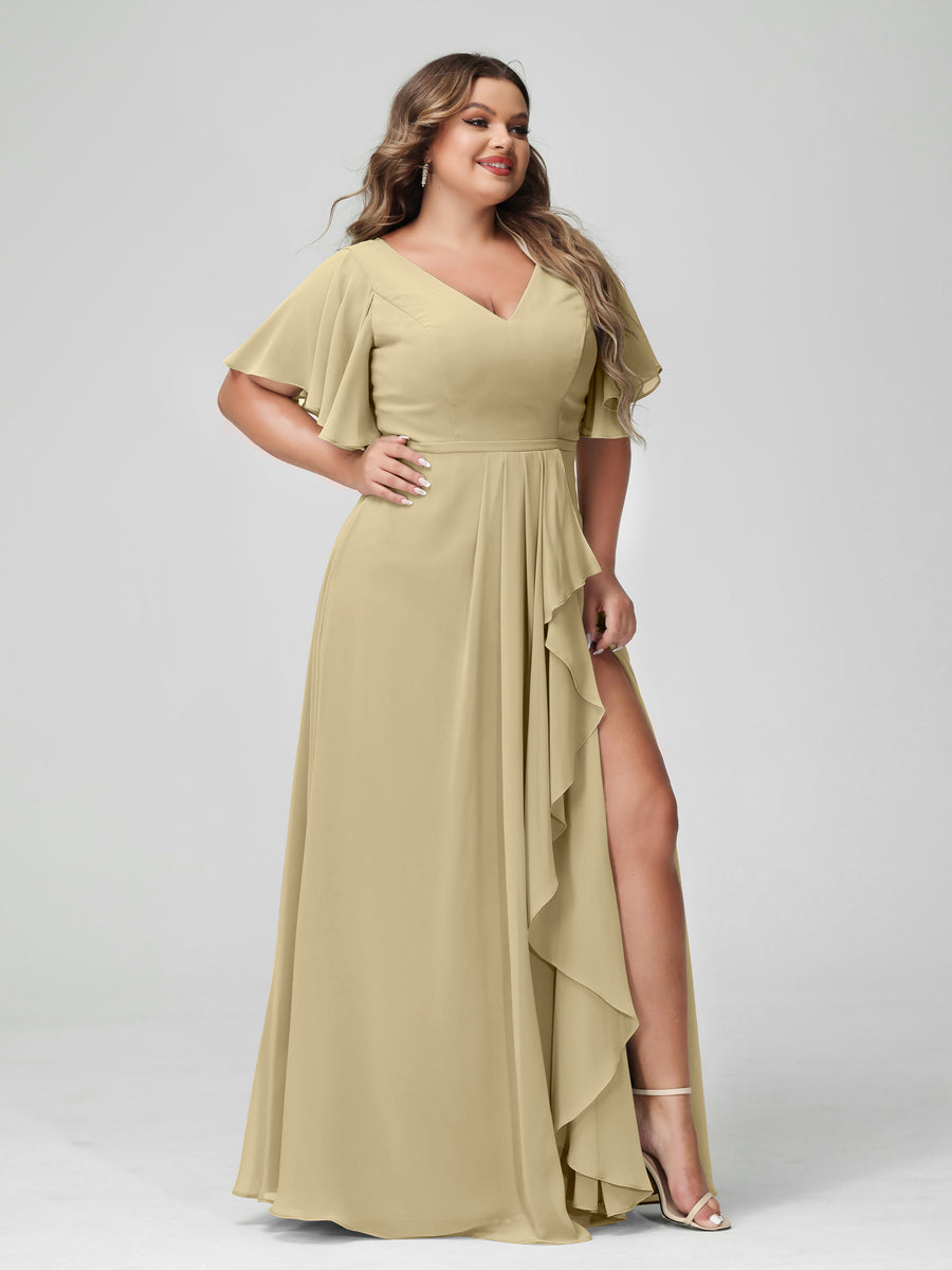 A-Line/Princess V-Neck Half Sleeves Chiffon Ruffles Plus Size Bridesmaid Dresses with Split Side Champagne