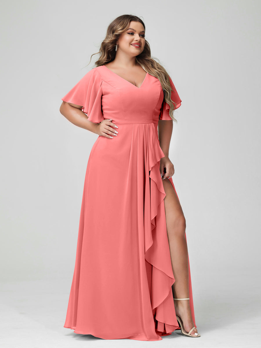 A-Line/Princess V-Neck Half Sleeves Chiffon Ruffles Plus Size Bridesmaid Dresses with Split Side Coral