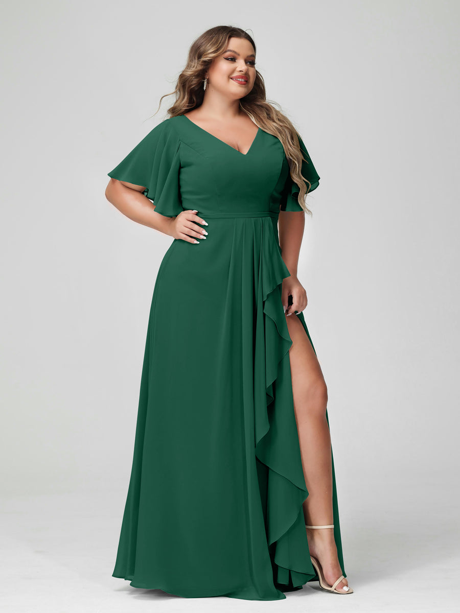 A-Line/Princess V-Neck Half Sleeves Chiffon Ruffles Plus Size Bridesmaid Dresses with Split Side Dark Green
