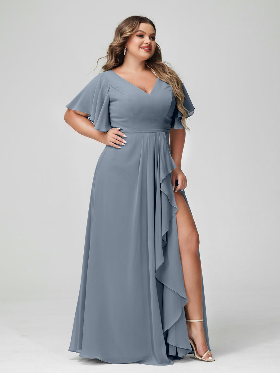 A-Line/Princess V-Neck Half Sleeves Chiffon Ruffles Plus Size Bridesmaid Dresses with Split Side Dusty Blue