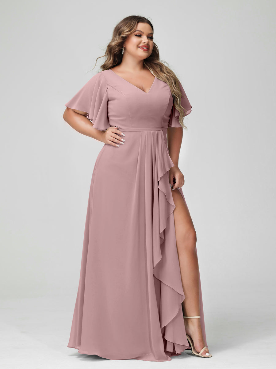 A-Line/Princess V-Neck Half Sleeves Chiffon Ruffles Plus Size Bridesmaid Dresses with Split Side Dusty Pink