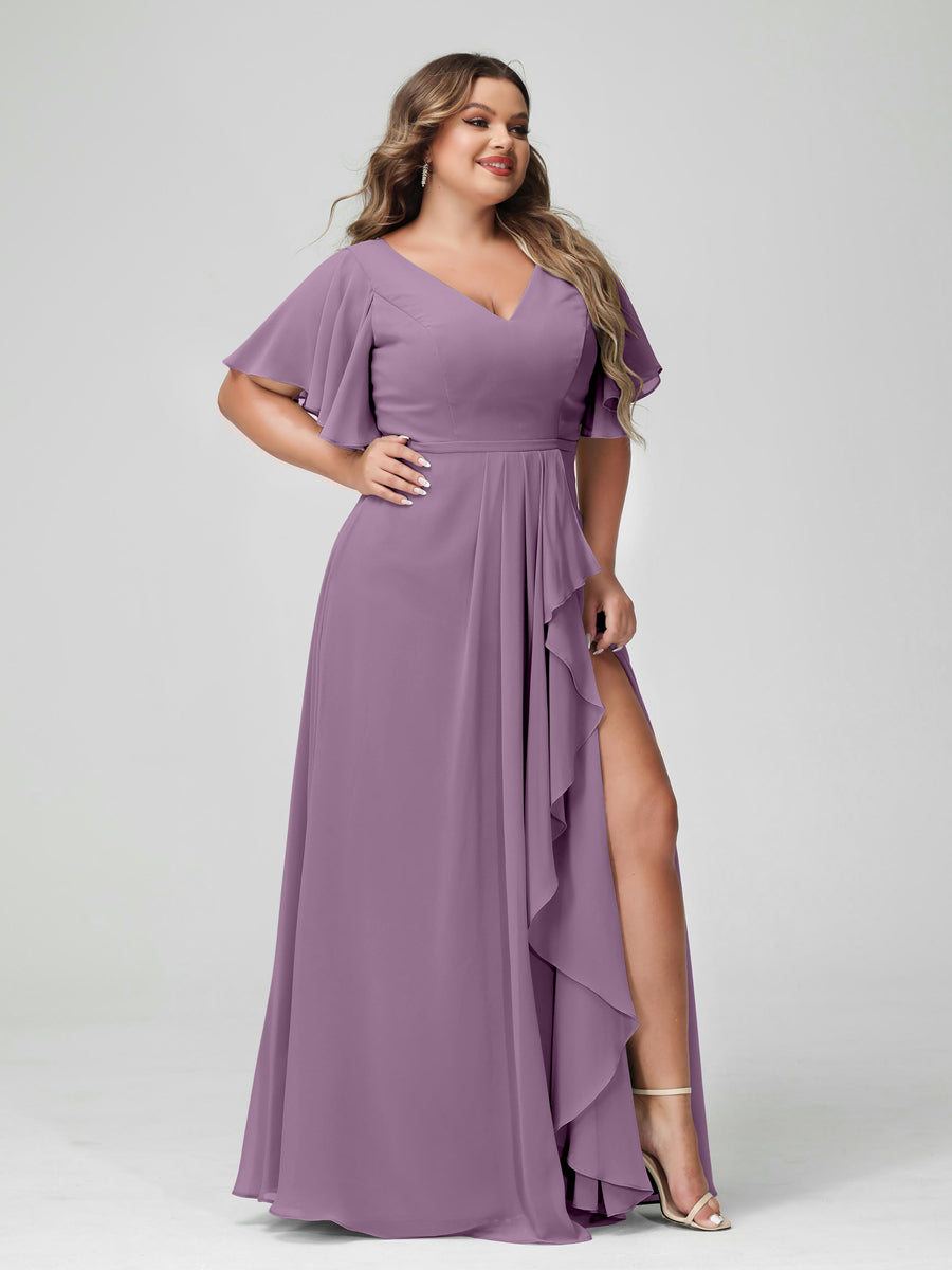 A-Line/Princess V-Neck Half Sleeves Chiffon Ruffles Plus Size Bridesmaid Dresses with Split Side Dusty Purple