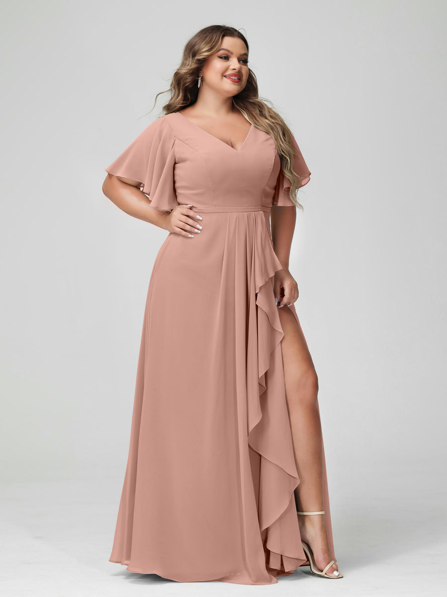 A-Line/Princess V-Neck Half Sleeves Chiffon Ruffles Plus Size Bridesmaid Dresses with Split Side Dusty Rose