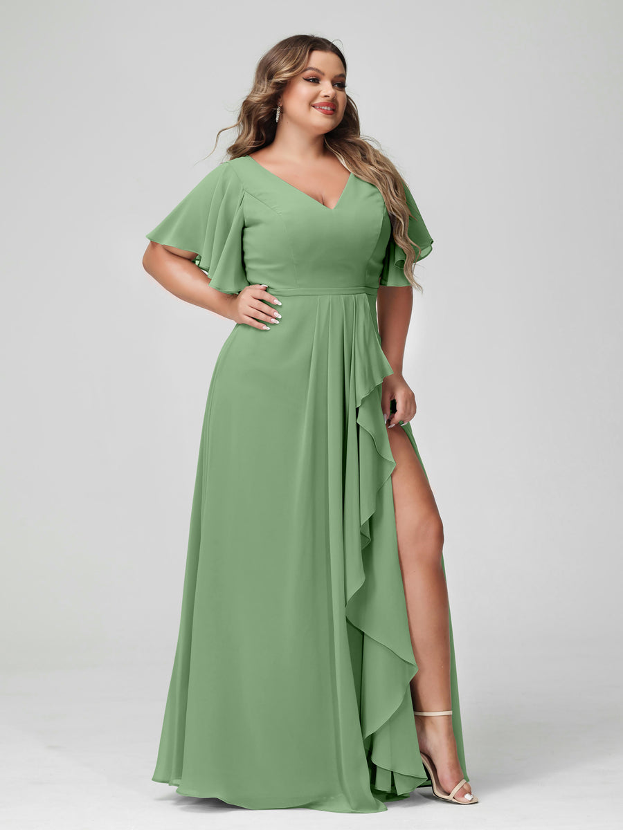A-Line/Princess V-Neck Half Sleeves Chiffon Ruffles Plus Size Bridesmaid Dresses with Split Side Dusty Sage