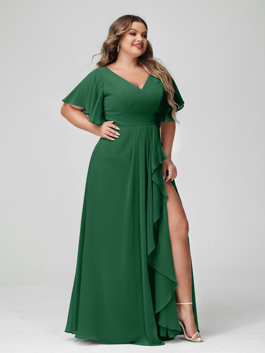A-Line/Princess V-Neck Half Sleeves Chiffon Ruffles Plus Size Bridesmaid Dresses with Split Side Emerald