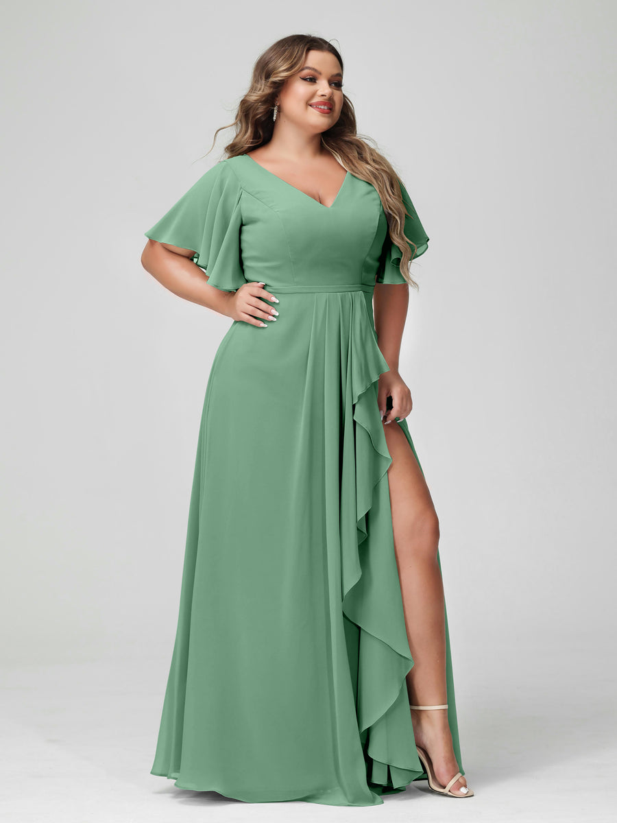 A-Line/Princess V-Neck Half Sleeves Chiffon Ruffles Plus Size Bridesmaid Dresses with Split Side Eucalyptus