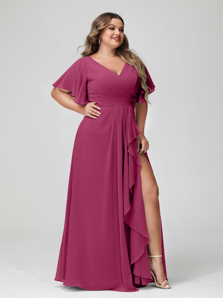 A-Line/Princess V-Neck Half Sleeves Chiffon Ruffles Plus Size Bridesmaid Dresses with Split Side Fuchsia