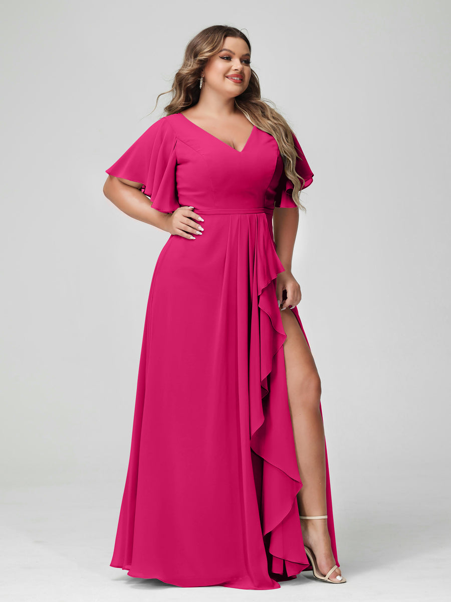 A-Line/Princess V-Neck Half Sleeves Chiffon Ruffles Plus Size Bridesmaid Dresses with Split Side Fuchsia Pink