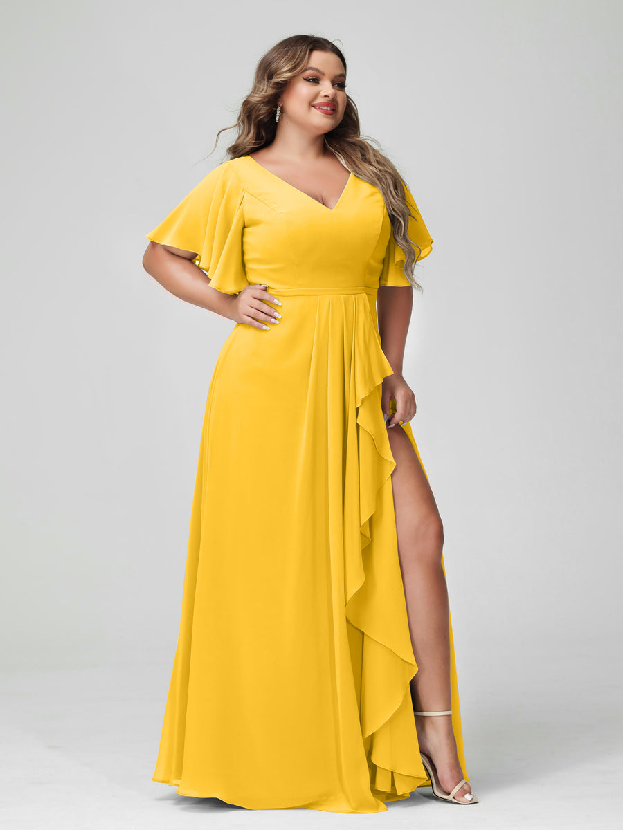 A-Line/Princess V-Neck Half Sleeves Chiffon Ruffles Plus Size Bridesmaid Dresses with Split Side Gold
