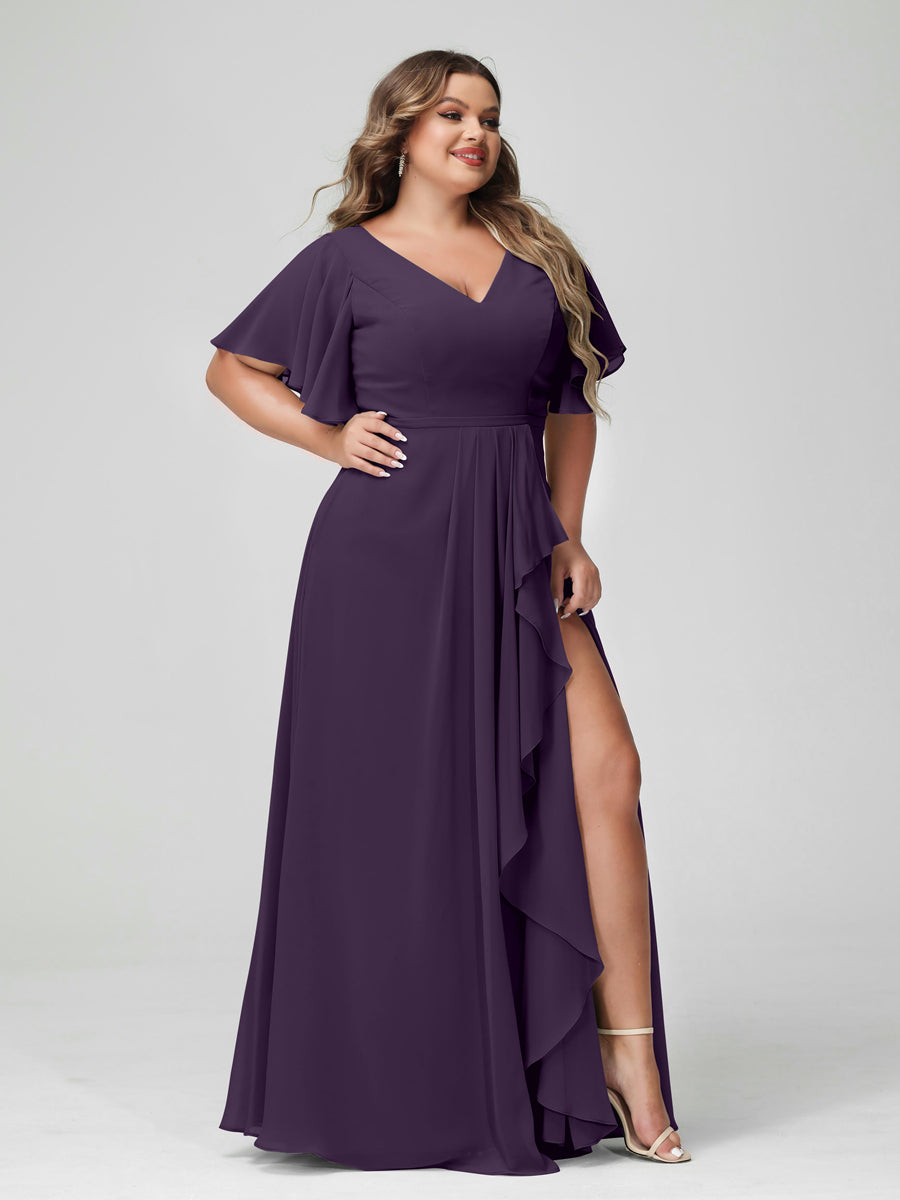 A-Line/Princess V-Neck Half Sleeves Chiffon Ruffles Plus Size Bridesmaid Dresses with Split Side Grape