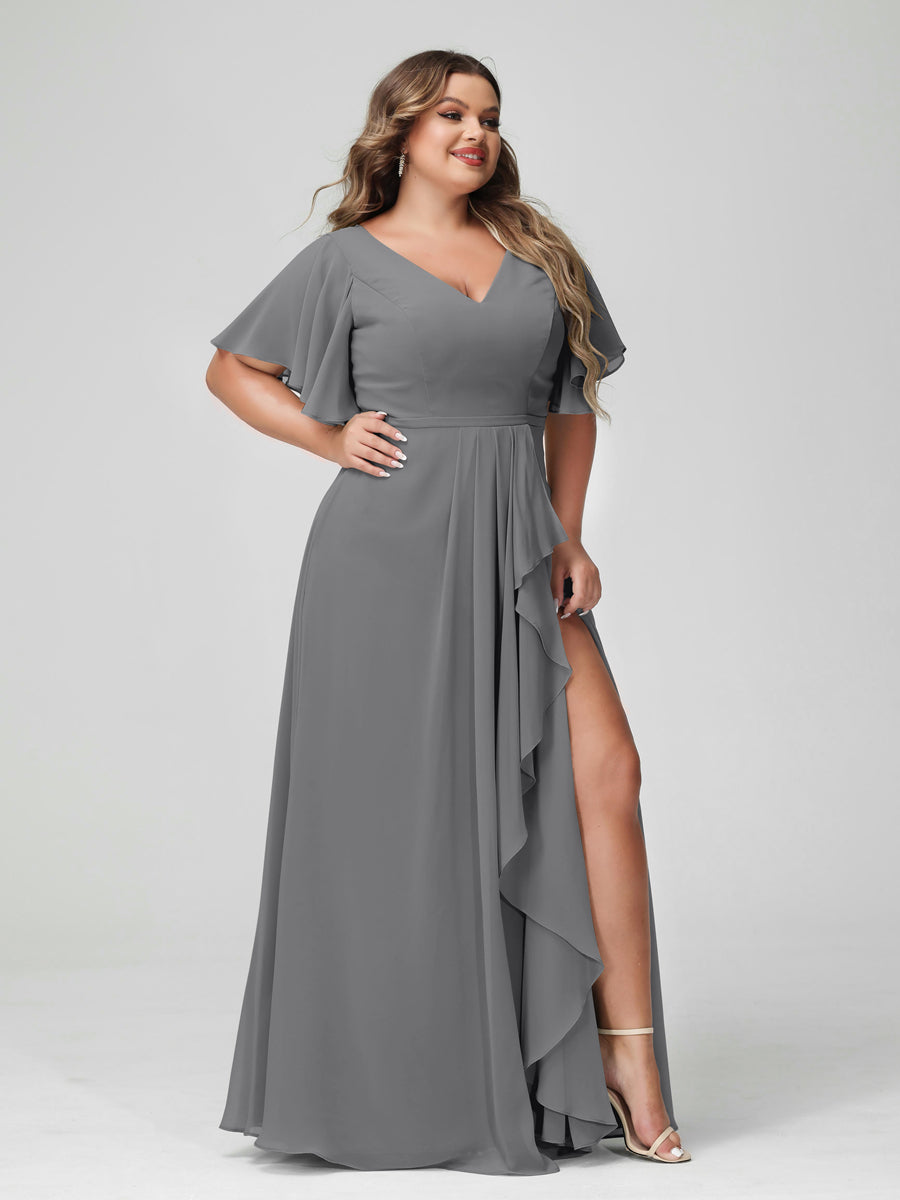 A-Line/Princess V-Neck Half Sleeves Chiffon Ruffles Plus Size Bridesmaid Dresses with Split Side Gray