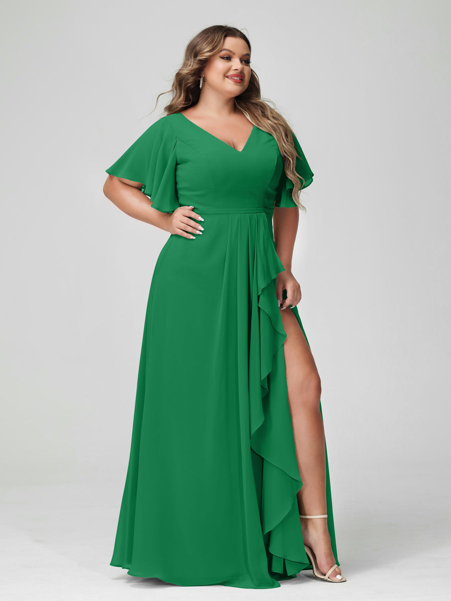 A-Line/Princess V-Neck Half Sleeves Chiffon Ruffles Plus Size Bridesmaid Dresses with Split Side Green