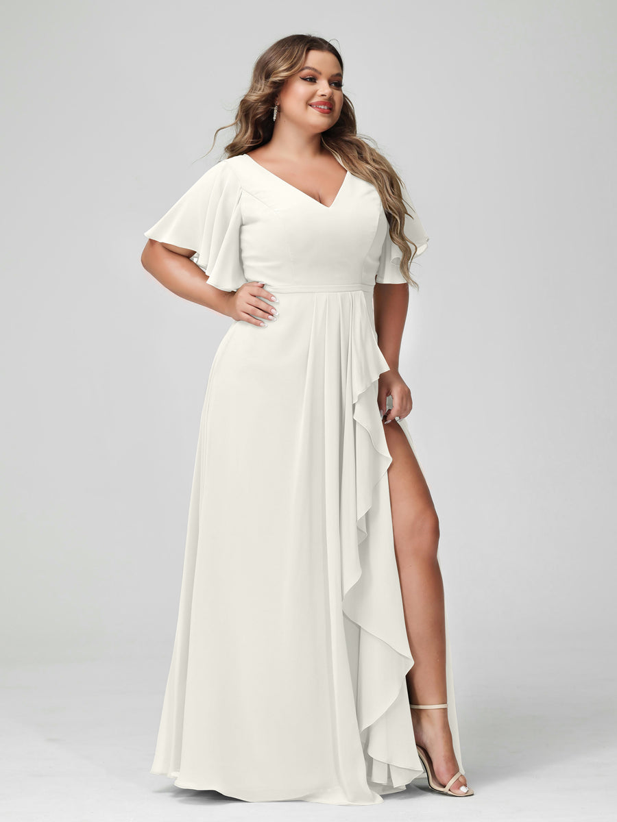 A-Line/Princess V-Neck Half Sleeves Chiffon Ruffles Plus Size Bridesmaid Dresses with Split Side Ivory