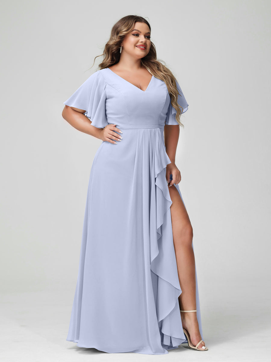 A-Line/Princess V-Neck Half Sleeves Chiffon Ruffles Plus Size Bridesmaid Dresses with Split Side Lavender