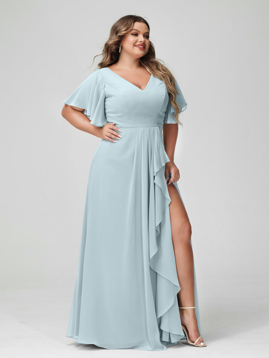 A-Line/Princess V-Neck Half Sleeves Chiffon Ruffles Plus Size Bridesmaid Dresses with Split Side Light Blue