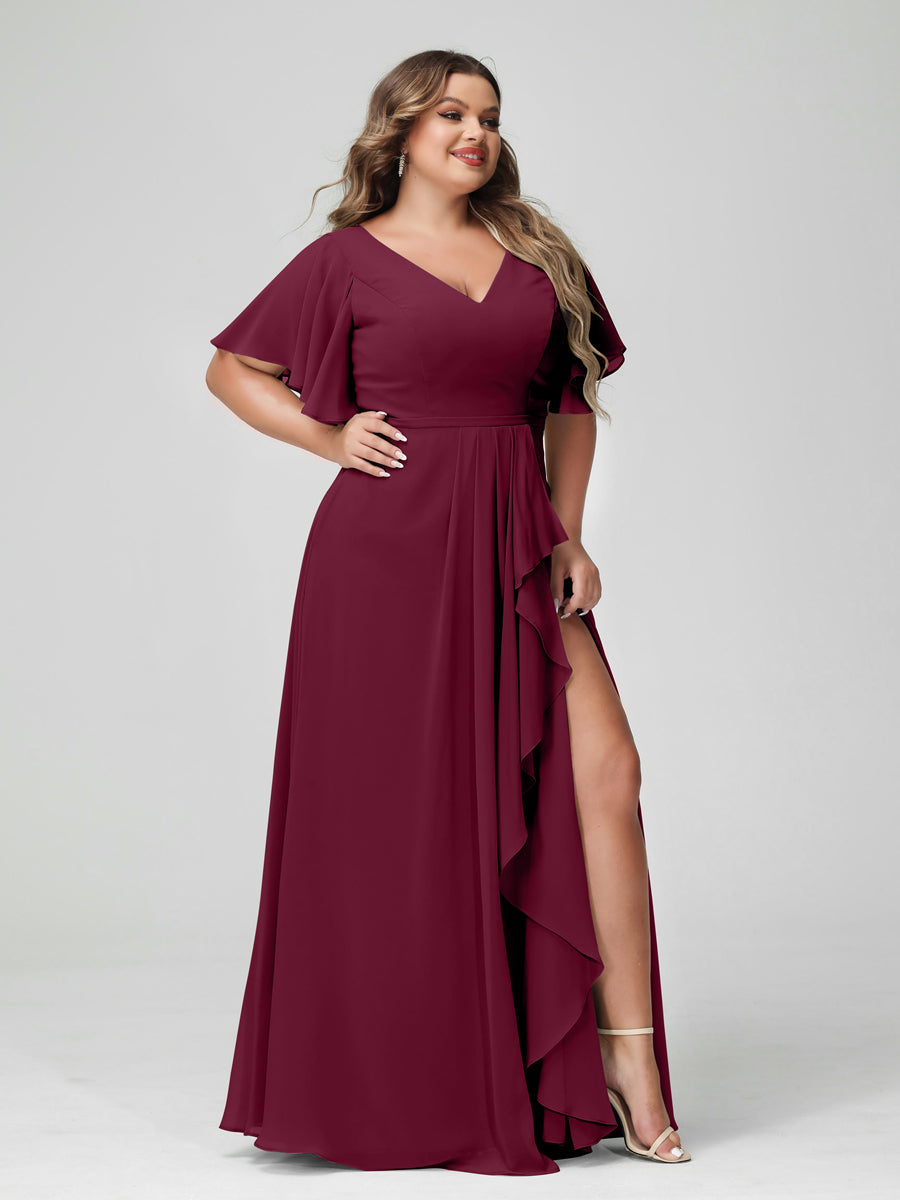 A-Line/Princess V-Neck Half Sleeves Chiffon Ruffles Plus Size Bridesmaid Dresses with Split Side Light Burgundy