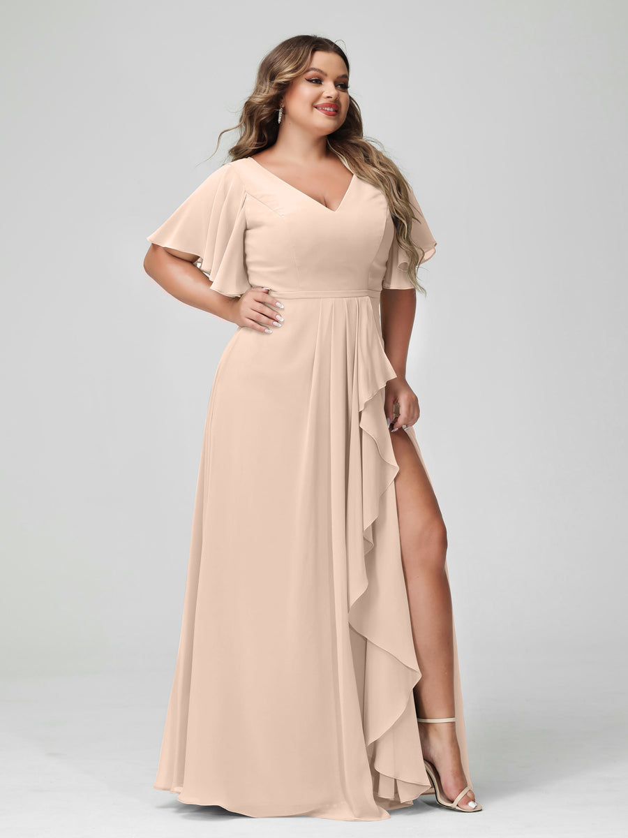 A-Line/Princess V-Neck Half Sleeves Chiffon Ruffles Plus Size Bridesmaid Dresses with Split Side Light Champagne